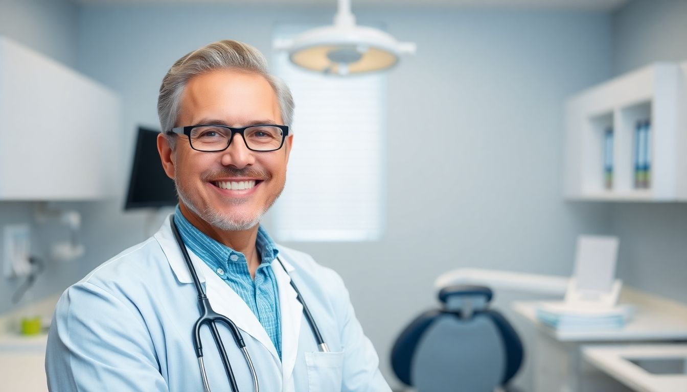 Smiling dentist in a bright, modern dental practice.