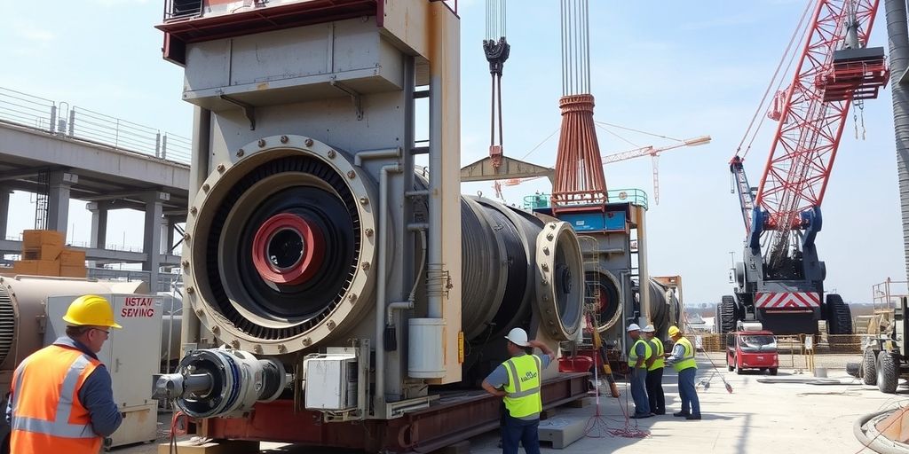 Workers assembling machinery at a construction site