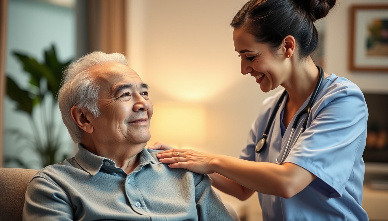 Caregiver helping elderly man in a cozy setting.