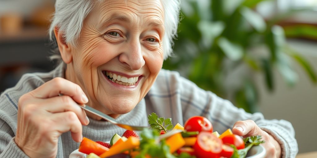 Elderly person eating healthy with dentures