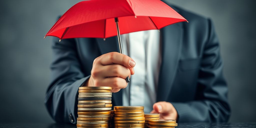 Businessperson protecting coins and documents with umbrella.