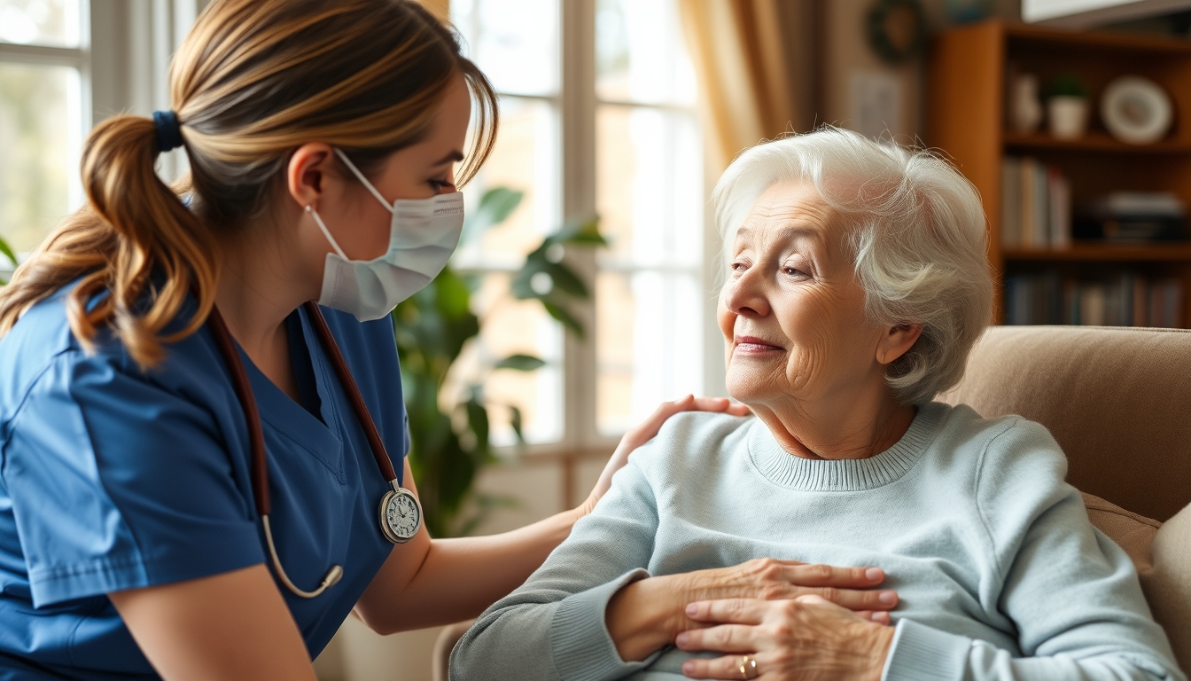 Caregiver helping elderly woman at home.
