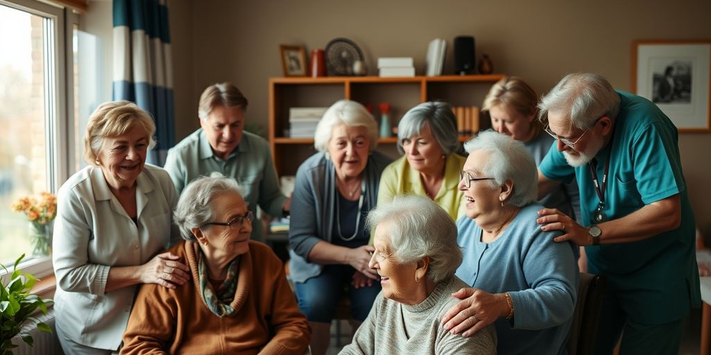 Elderly people receiving care from caregivers in a home-like setting.