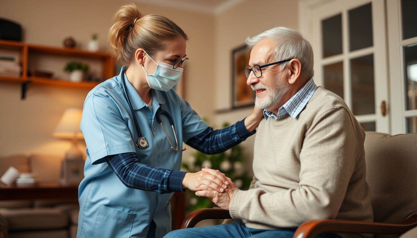 Caregiver helping elderly man in a home environment.