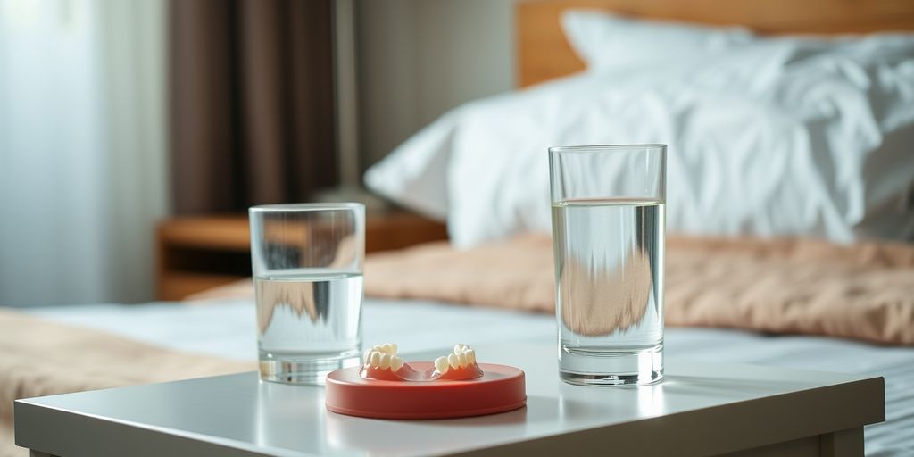 Dentures in a glass beside a cozy bed