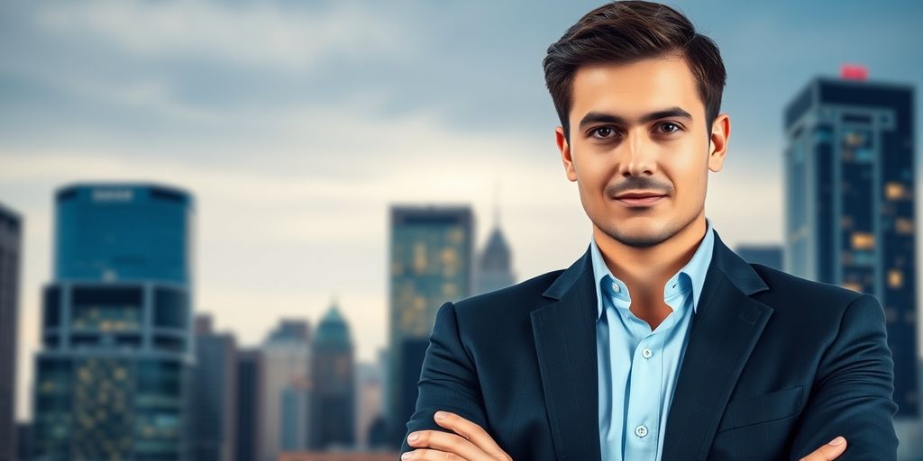 Executive in suit with cityscape background