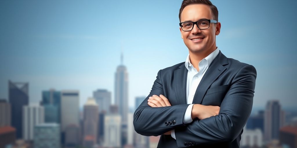 Confident executive with city skyline background