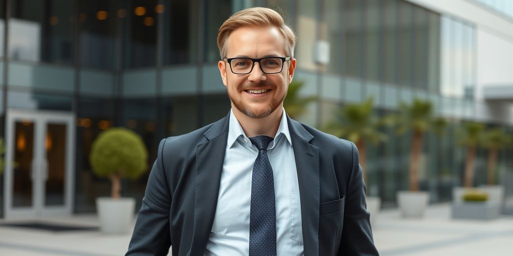 Business executive in front of office building