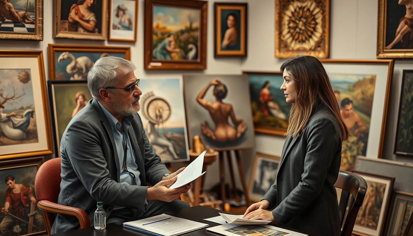 Art insurance consultation with broker and artist.