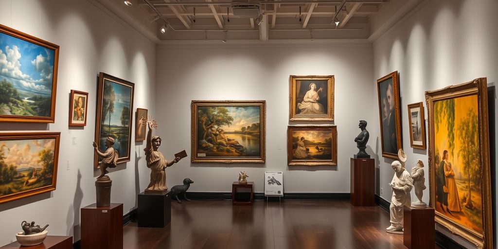 Art gallery with diverse paintings and sculptures