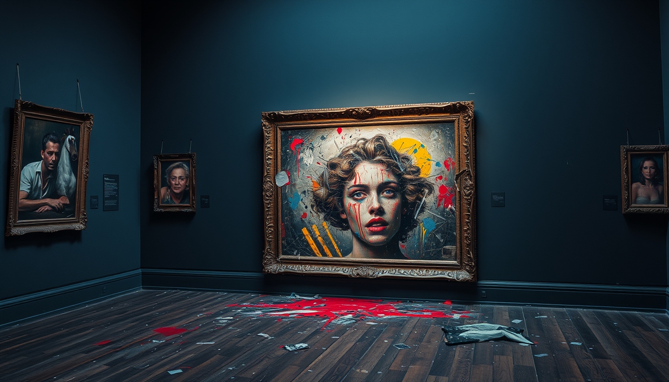 Vandalized artwork in a gallery setting.