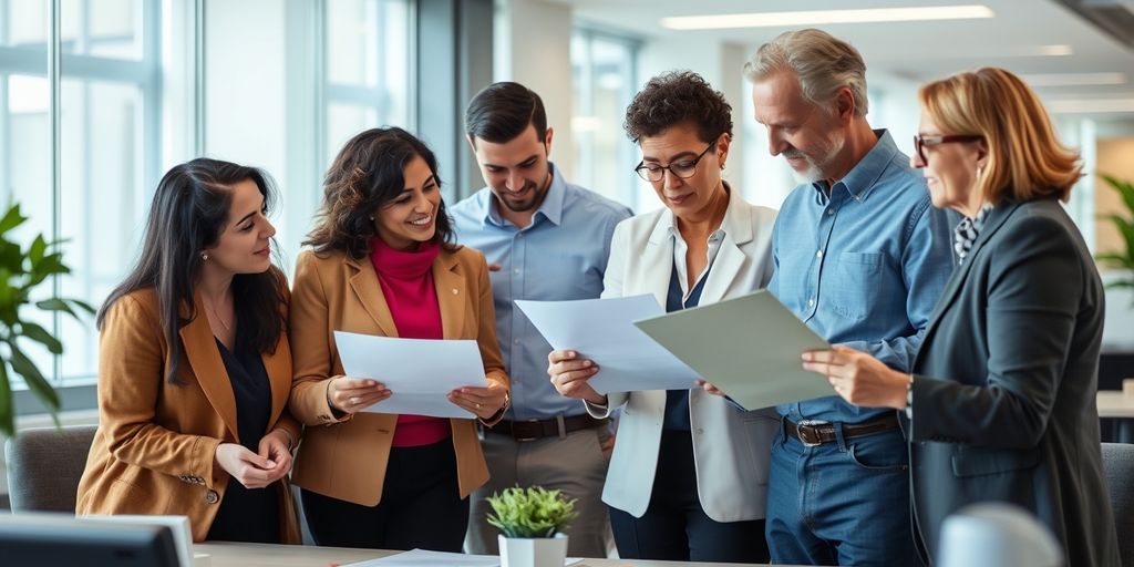 Diverse group discussing documents in modern office