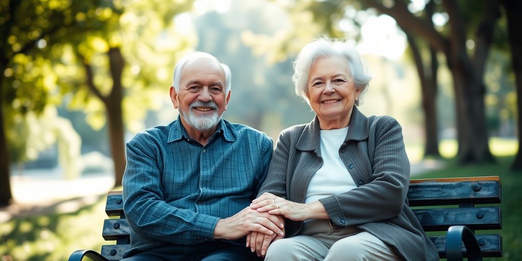 Happy elderly couple on park bench