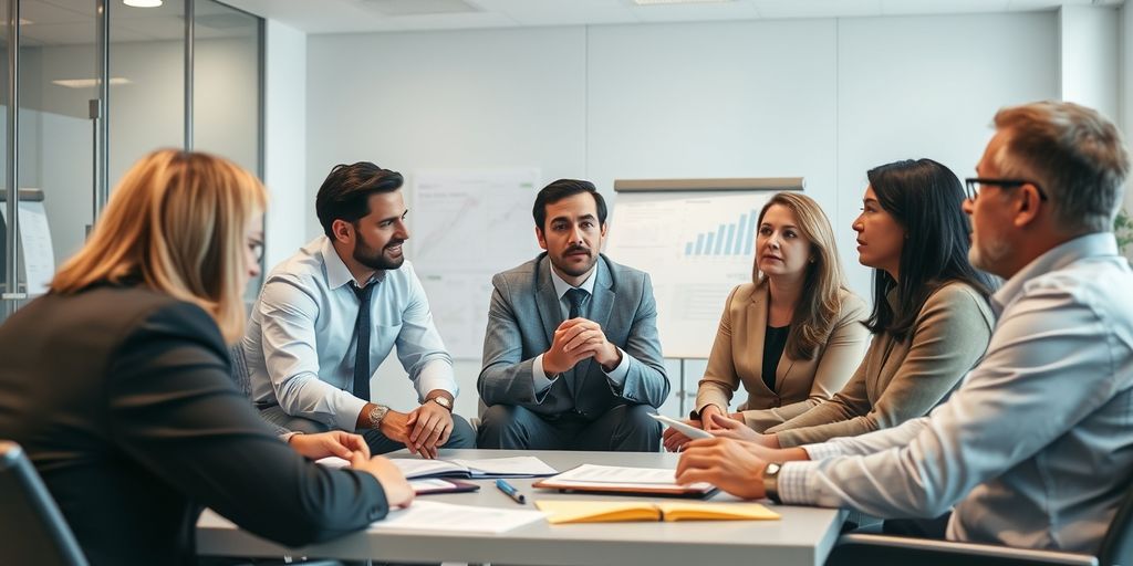 Professionals discussing pension fund regulations in an office