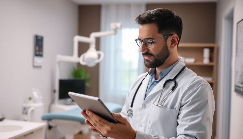 Arzt mit Tablet in heller Praxisumgebung