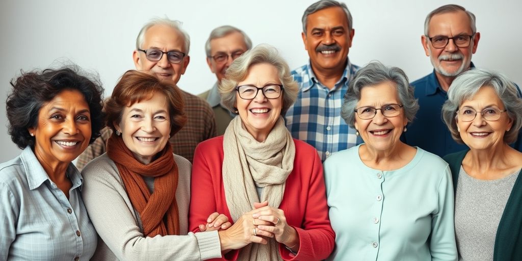 Elderly people smiling and holding hands