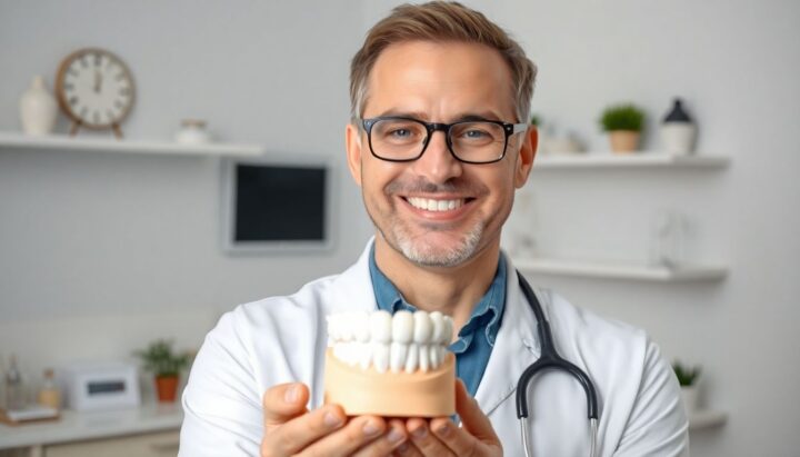 Zahnkrone: Zahnarzt lächelt in heller Praxis, hält ein Modell eines Zahns mit einer Krone.