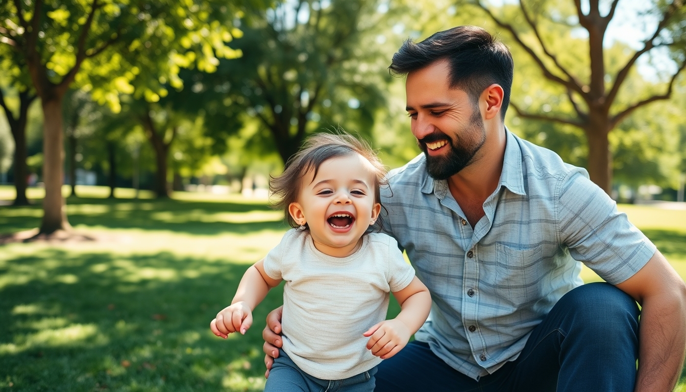 Father and child enjoying a playful moment in the park.