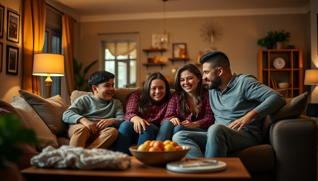 Family in a cozy living room, representing security and togetherness.