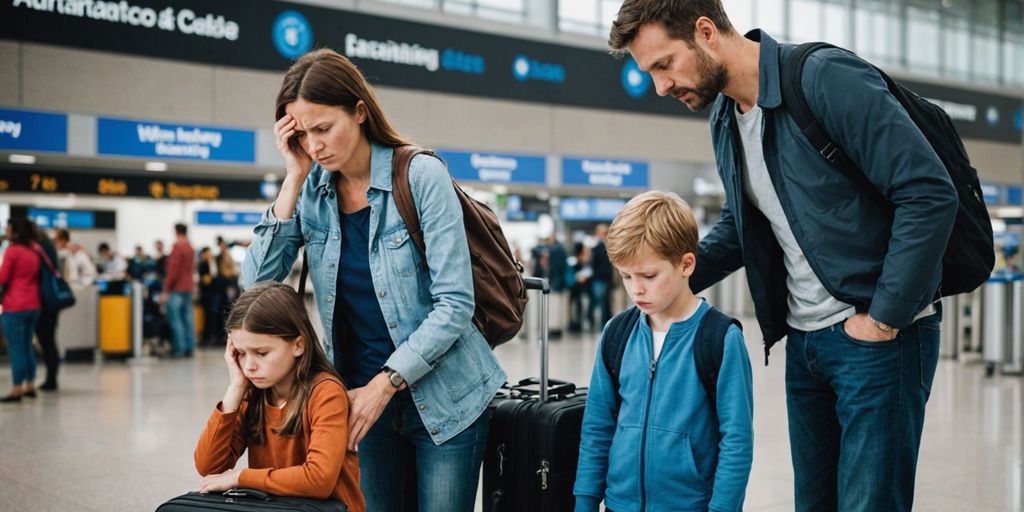 Reiseausfallversicherung: Traurige Familie am Flughafen