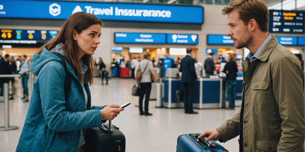 Traveler at airport counter discussing insurance
