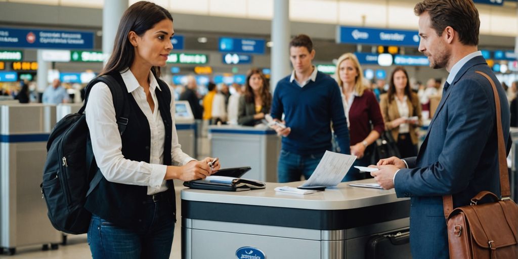 Traveler at airport counter with luggage