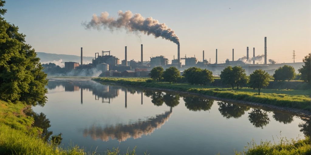 Factory near river with thriving wildlife