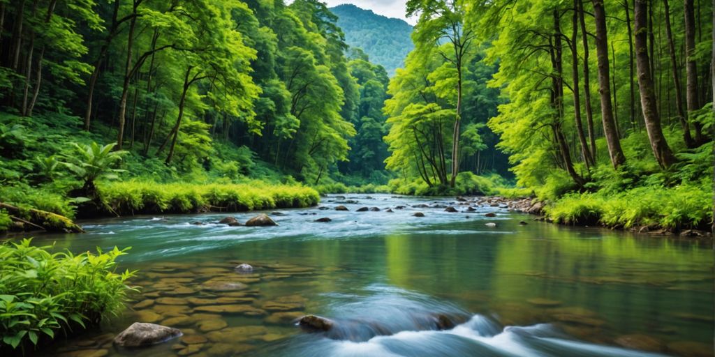 Lush forest with clear river