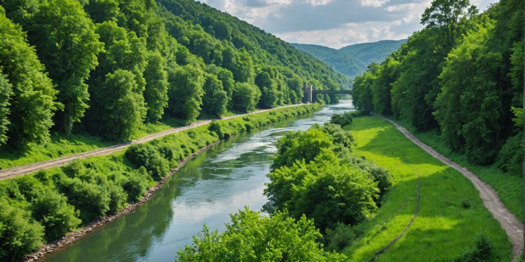 River in forest with industrial background