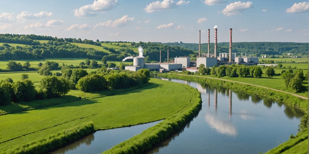Factory by river with green fields