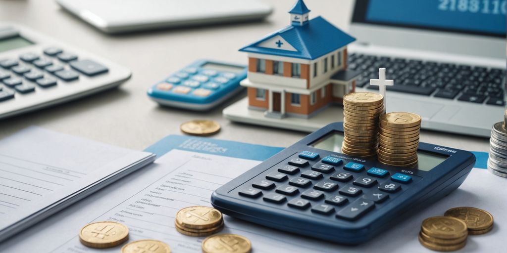 Hospital, calculator, and coins for insurance costs.