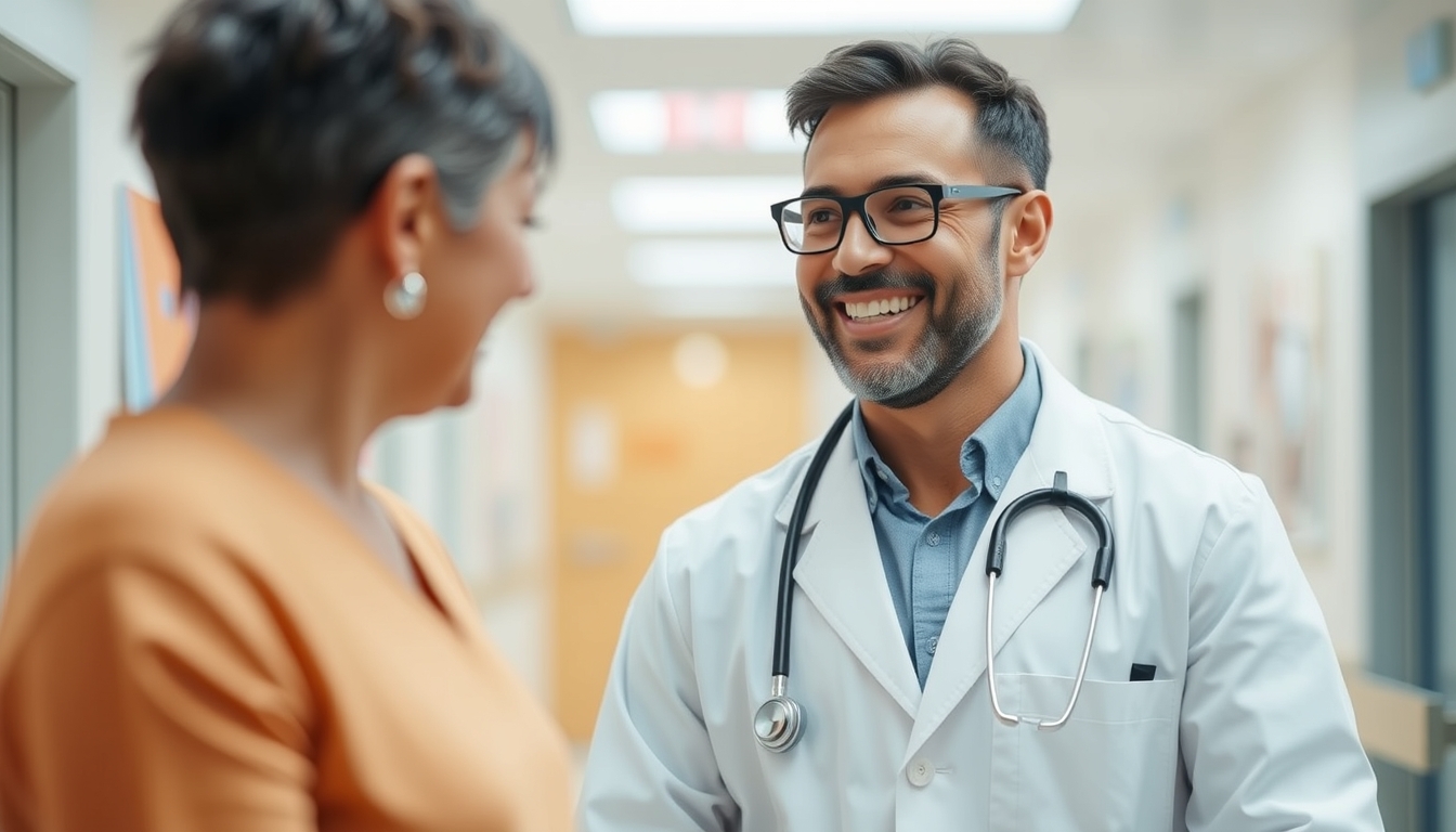 Smiling doctor in a hospital, showcasing care and professionalism.