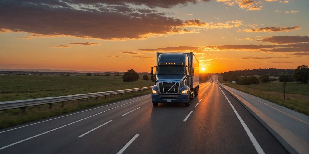 Truck on highway at sunset