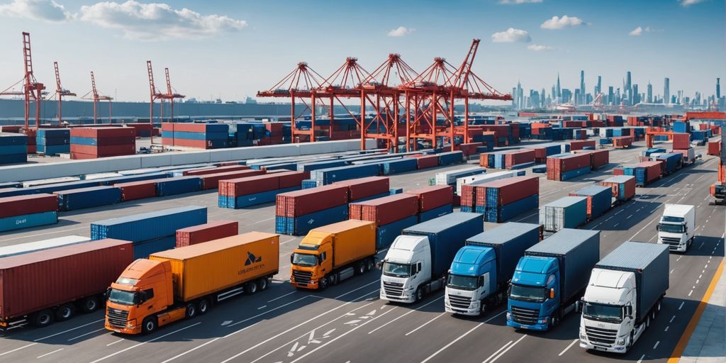 Logistics hub with trucks and digital interfaces