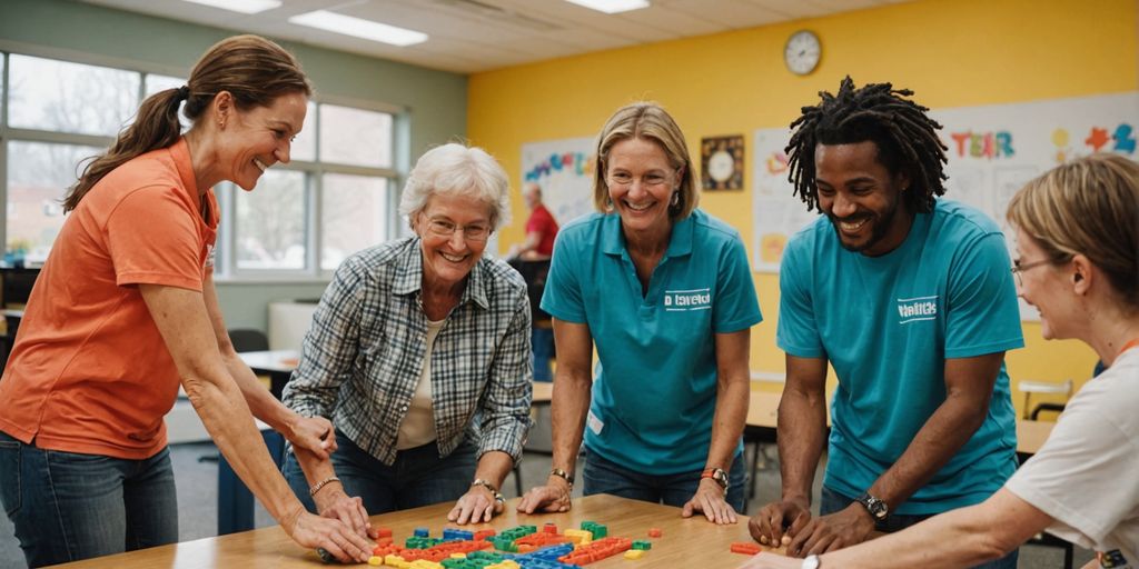 Volunteers working together in a community center