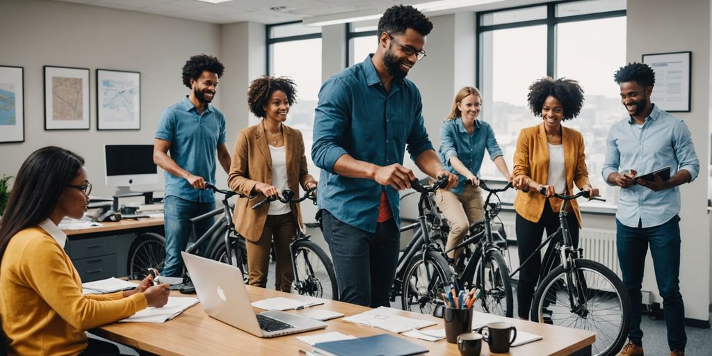 People biking, hiking, and working in an office
