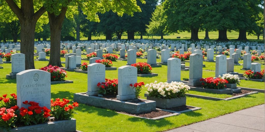 Serene cemetery with graves and blooming flowers.