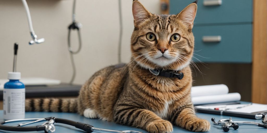 Cat on vet's table with medical tools