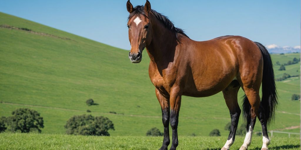 Healthy horse in green pasture