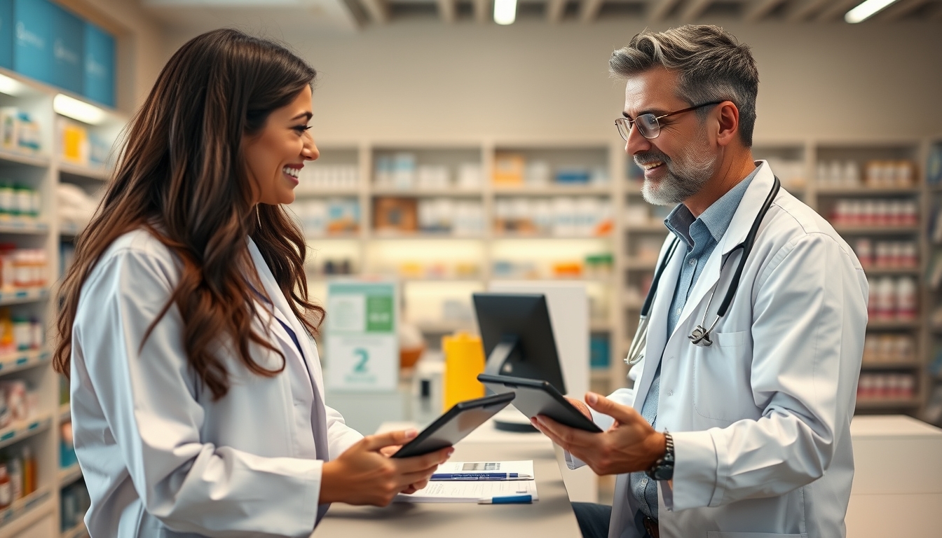 Pharmacist advising a patient about e-prescriptions.