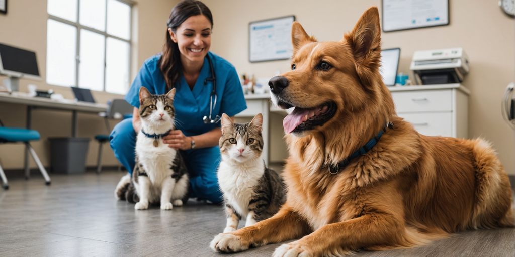 Vet examining happy dog and cat