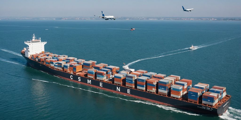 Cargo ship, airplane, and delivery truck