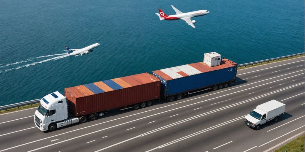 Cargo ship, plane, and truck representing transport insurance.