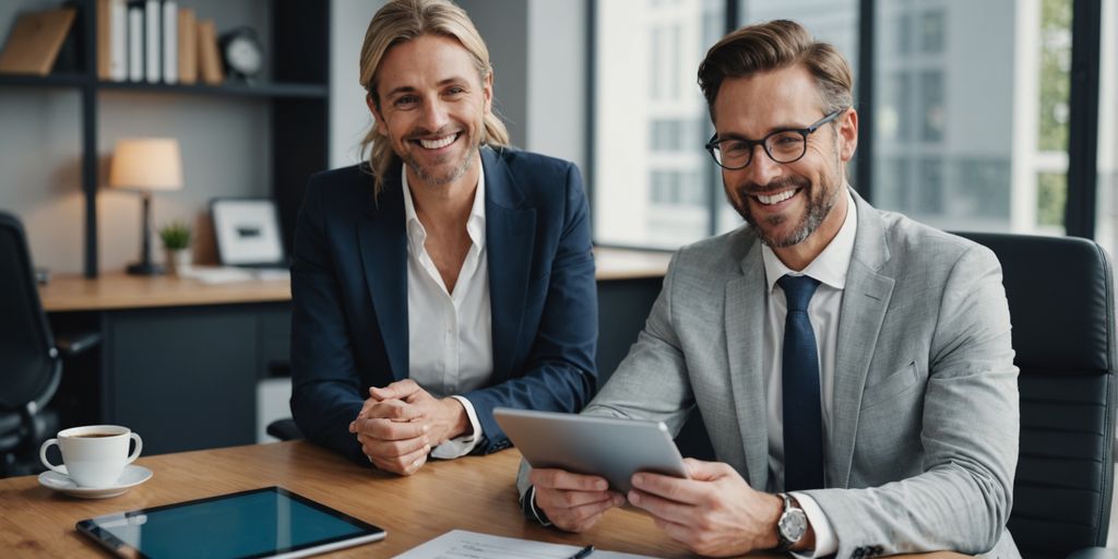 Lawyer with tablet and client in office
