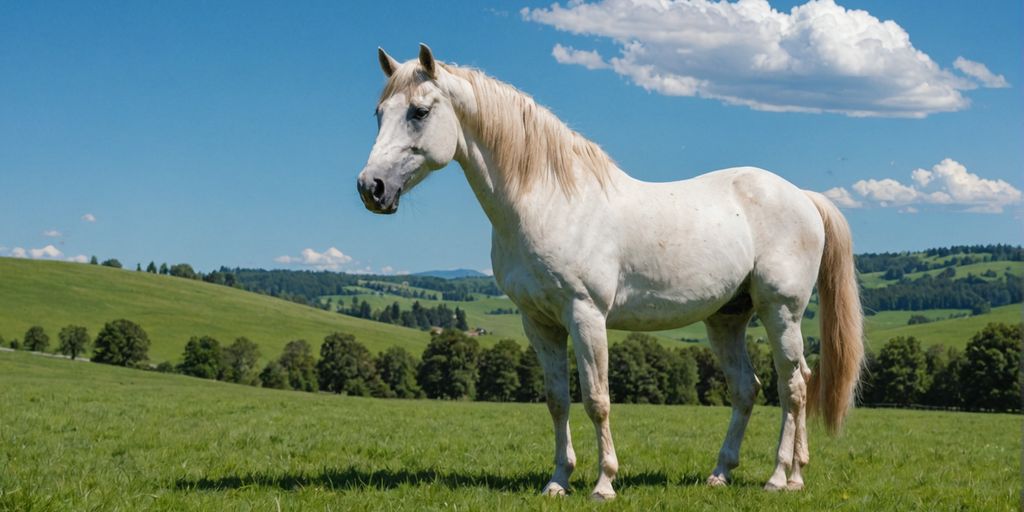 Horse in green pasture under blue sky