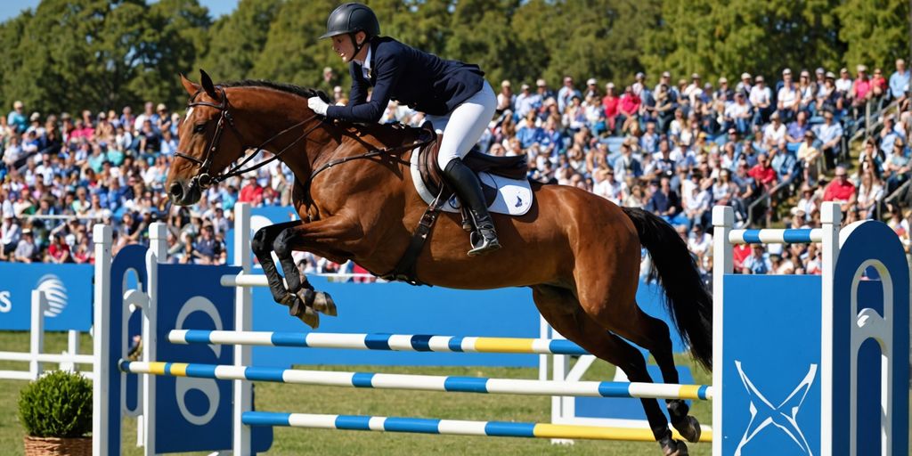Horse and rider jumping obstacle in competition