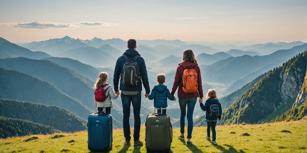 Family with luggage in scenic mountains