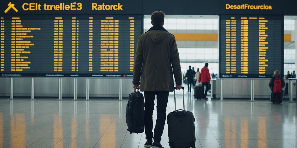 Traveler with suitcase at airport terminal