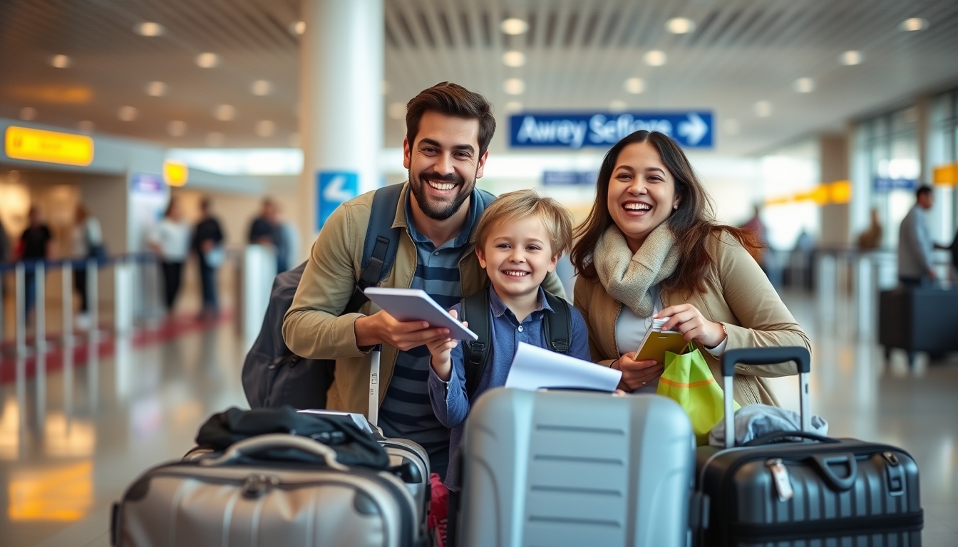 Family excited at the airport for their upcoming trip.