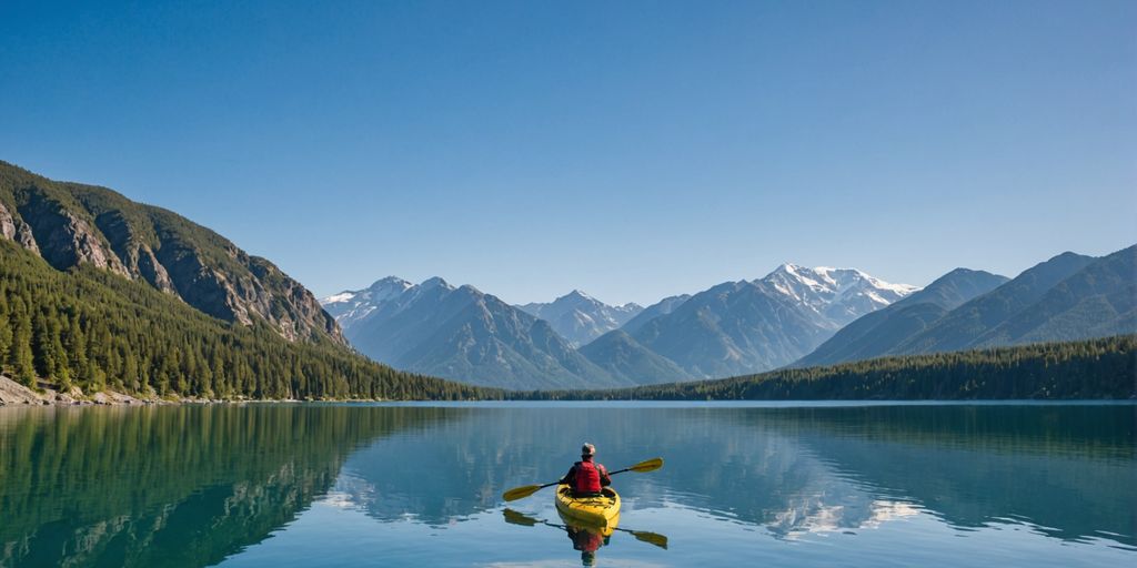 Person kayaking on a serene lake